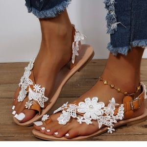 White Lace and Tan Sandals with White Pearl Accents